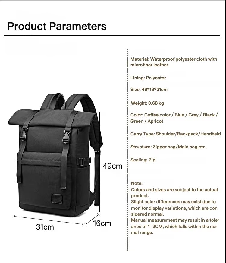 Water-Resistant Modern Outdoor Travel School Leather Roll Top Backpack product detail